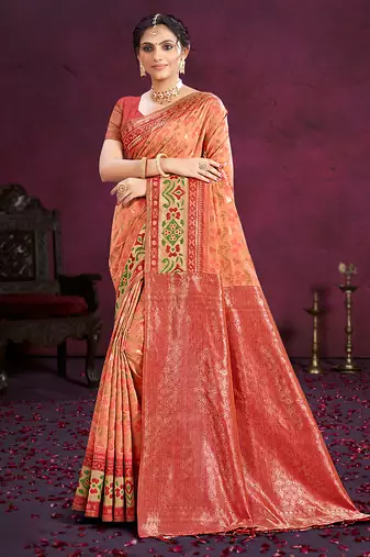 dark peach cottan silk blend with meena woven work traditional saree