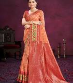dark peach cottan silk blend with meena woven work traditional saree