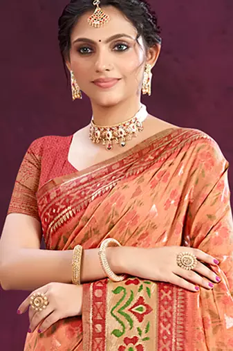 dark peach cottan silk blend with meena woven work traditional saree
