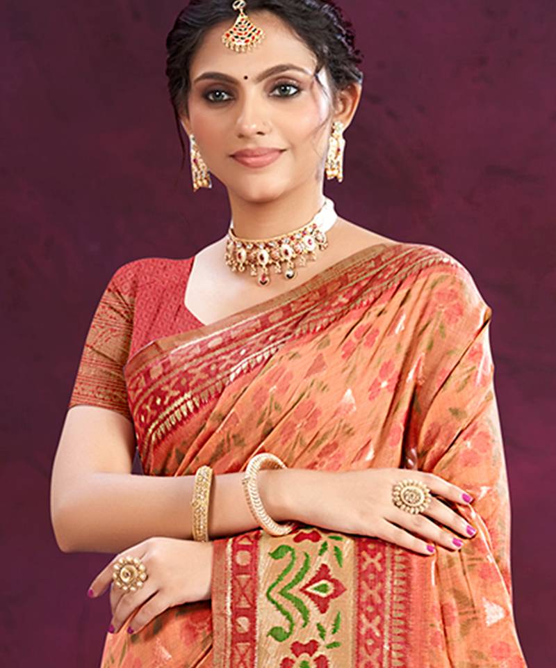 dark peach cottan silk blend with meena woven work traditional saree