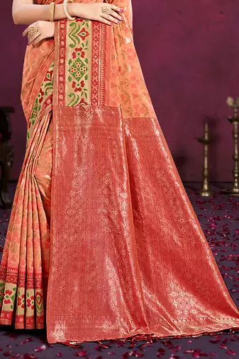 dark peach cottan silk blend with meena woven work traditional saree