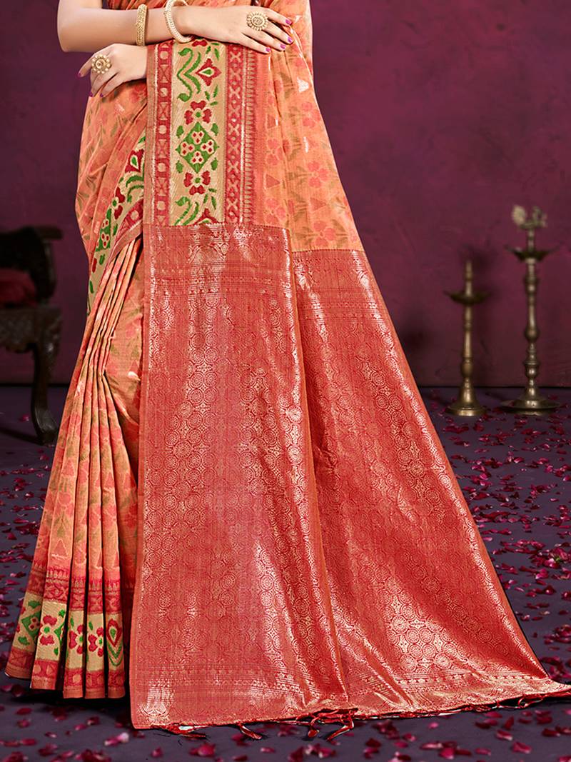 dark peach cottan silk blend with meena woven work traditional saree