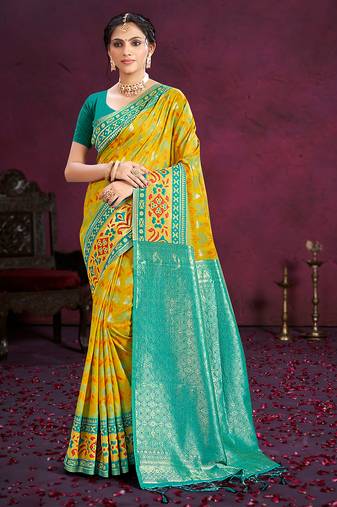 yellow cottan silk blend with meena woven work traditional saree