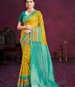 yellow cottan silk blend with meena woven work traditional saree