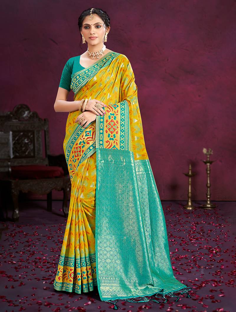 yellow cottan silk blend with meena woven work traditional saree
