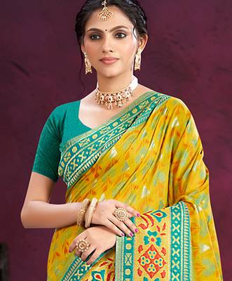 yellow cottan silk blend with meena woven work traditional saree 2