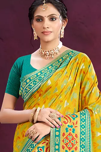 yellow cottan silk blend with meena woven work traditional saree