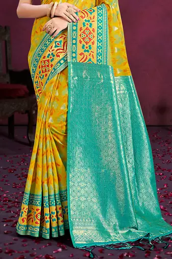 yellow cottan silk blend with meena woven work traditional saree