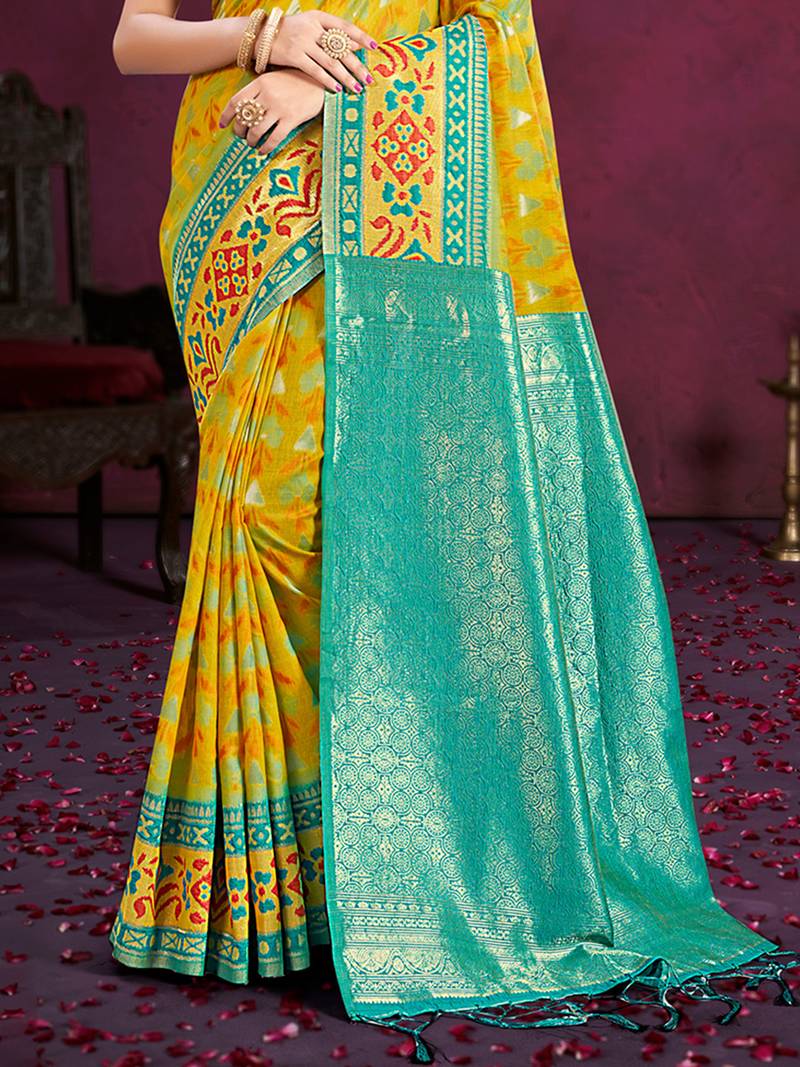 yellow cottan silk blend with meena woven work traditional saree