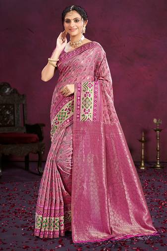 light pink cottan silk blend with meena woven work traditional saree