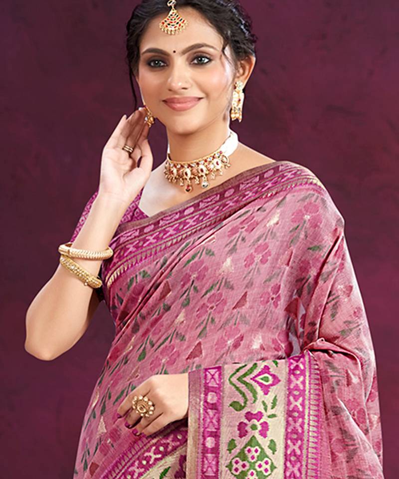 light pink cottan silk blend with meena woven work traditional saree