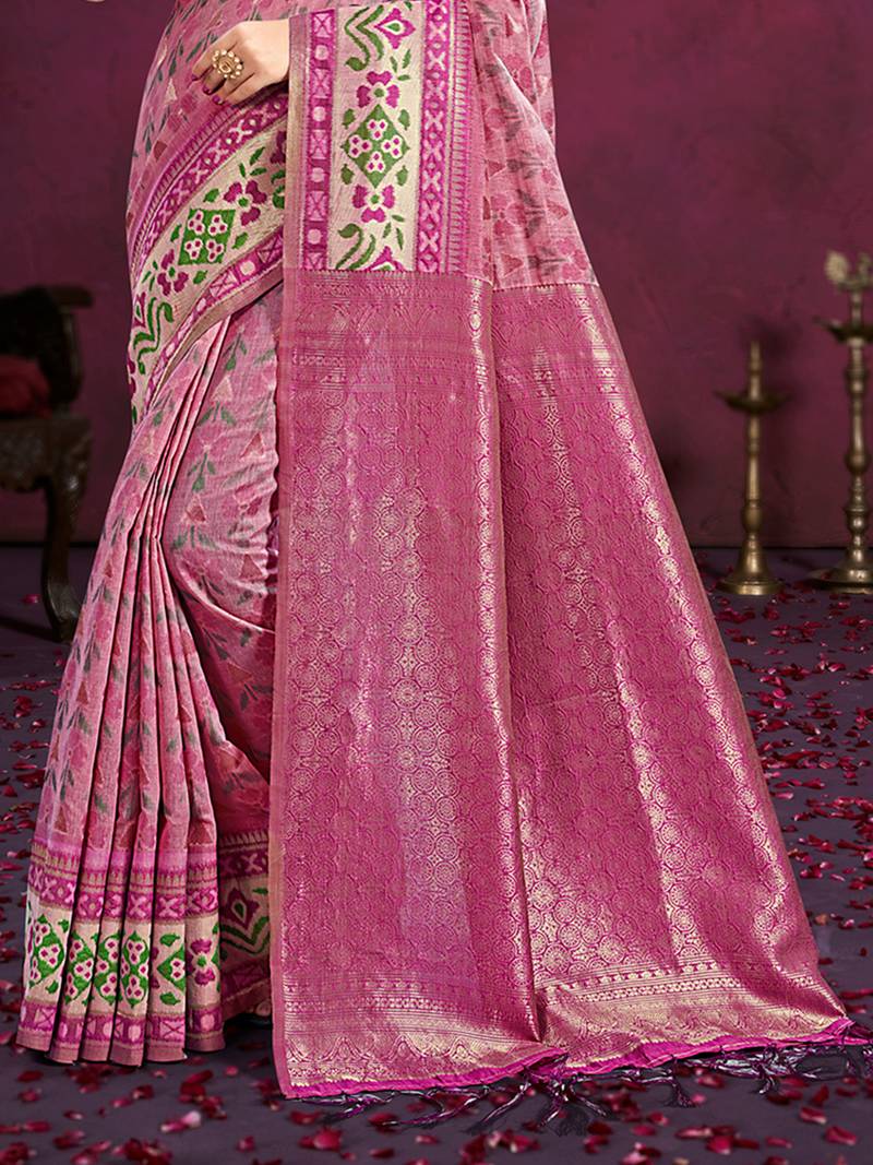 light pink cottan silk blend with meena woven work traditional saree