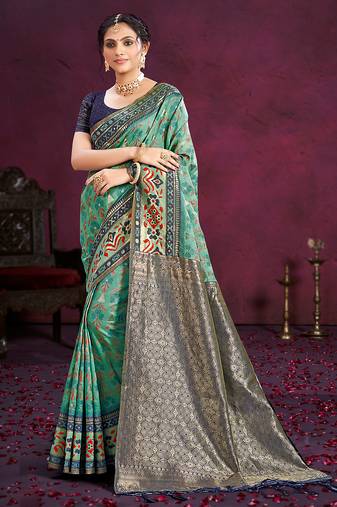 turquoise cottan silk blend with meena woven work traditional saree