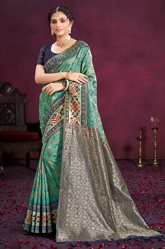 turquoise cottan silk blend with meena woven work traditional saree