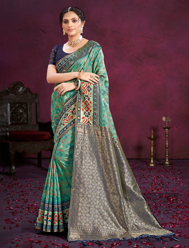 turquoise cottan silk blend with meena woven work traditional saree