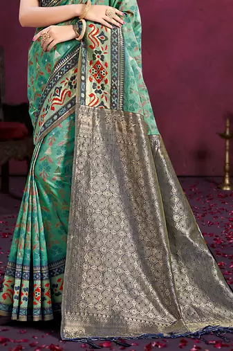 turquoise cottan silk blend with meena woven work traditional saree