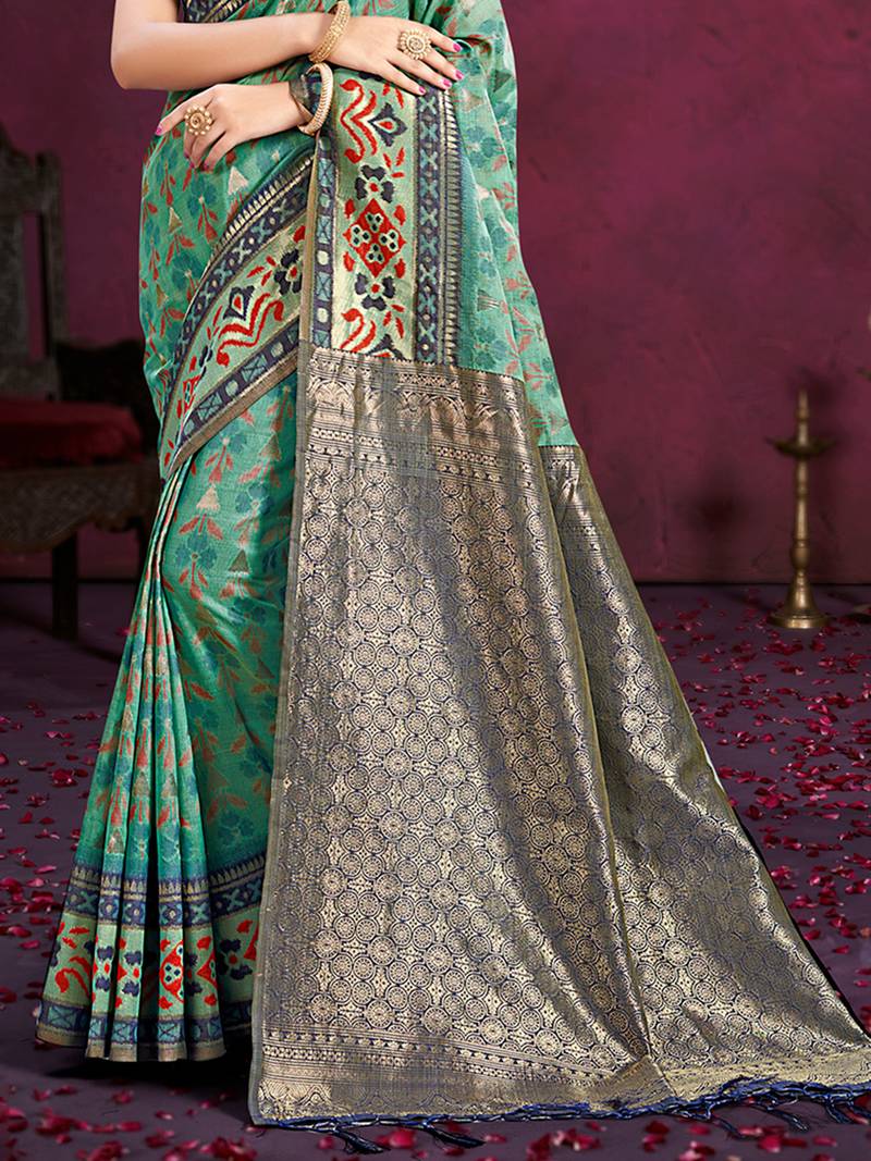 turquoise cottan silk blend with meena woven work traditional saree