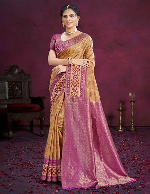 beige cottan silk blend with meena woven work traditional saree 1