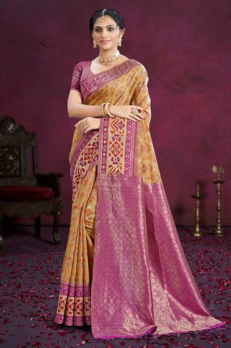beige cottan silk blend with meena woven work traditional saree