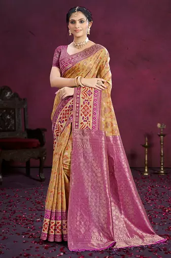 beige cottan silk blend with meena woven work traditional saree