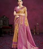 beige cottan silk blend with meena woven work traditional saree