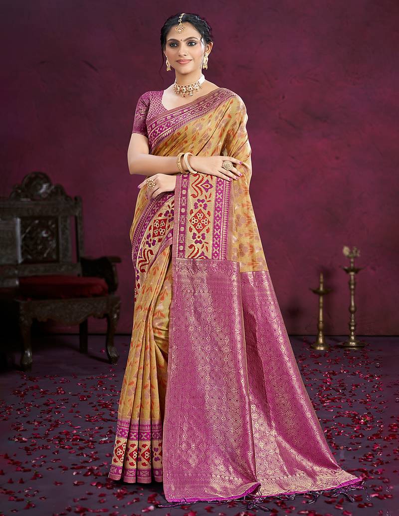 beige cottan silk blend with meena woven work traditional saree