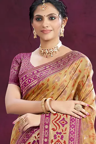 beige cottan silk blend with meena woven work traditional saree