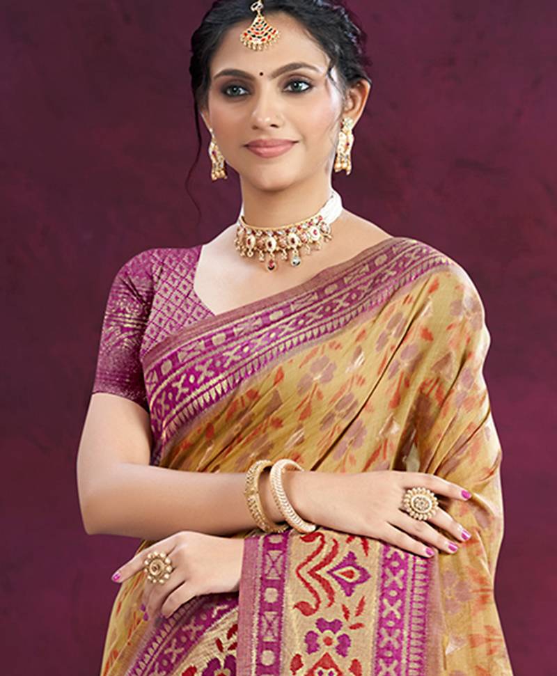 beige cottan silk blend with meena woven work traditional saree