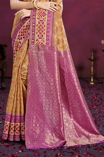 beige cottan silk blend with meena woven work traditional saree