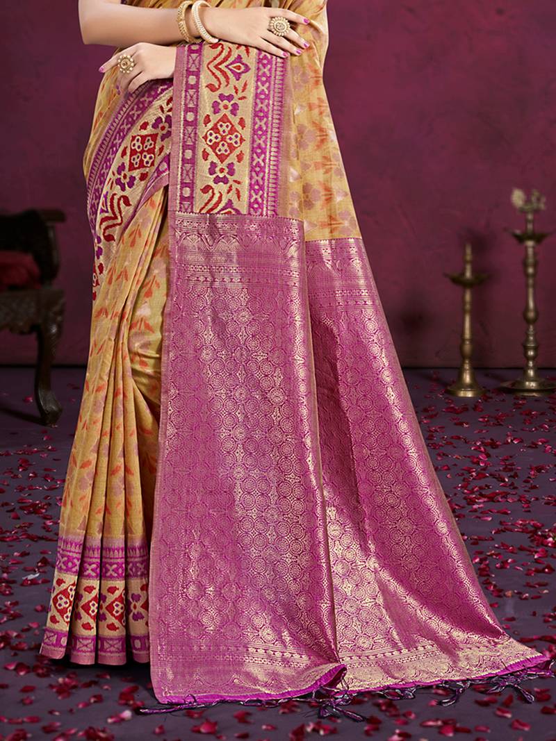 beige cottan silk blend with meena woven work traditional saree