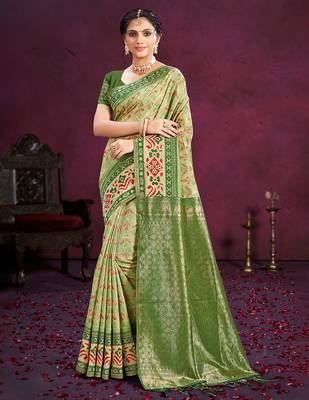 light green cottan silk blend with meena woven work traditional saree 1