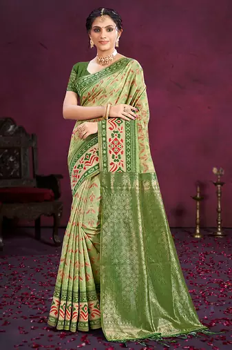 light green cottan silk blend with meena woven work traditional saree