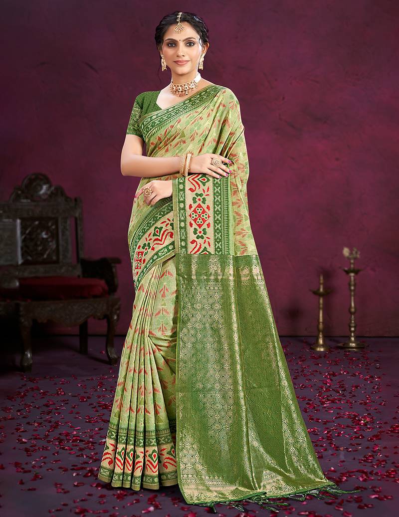 light green cottan silk blend with meena woven work traditional saree