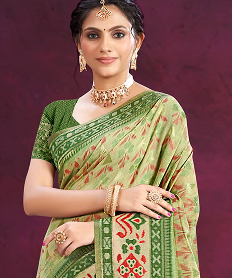 light green cottan silk blend with meena woven work traditional saree