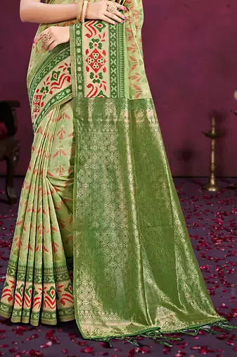 light green cottan silk blend with meena woven work traditional saree
