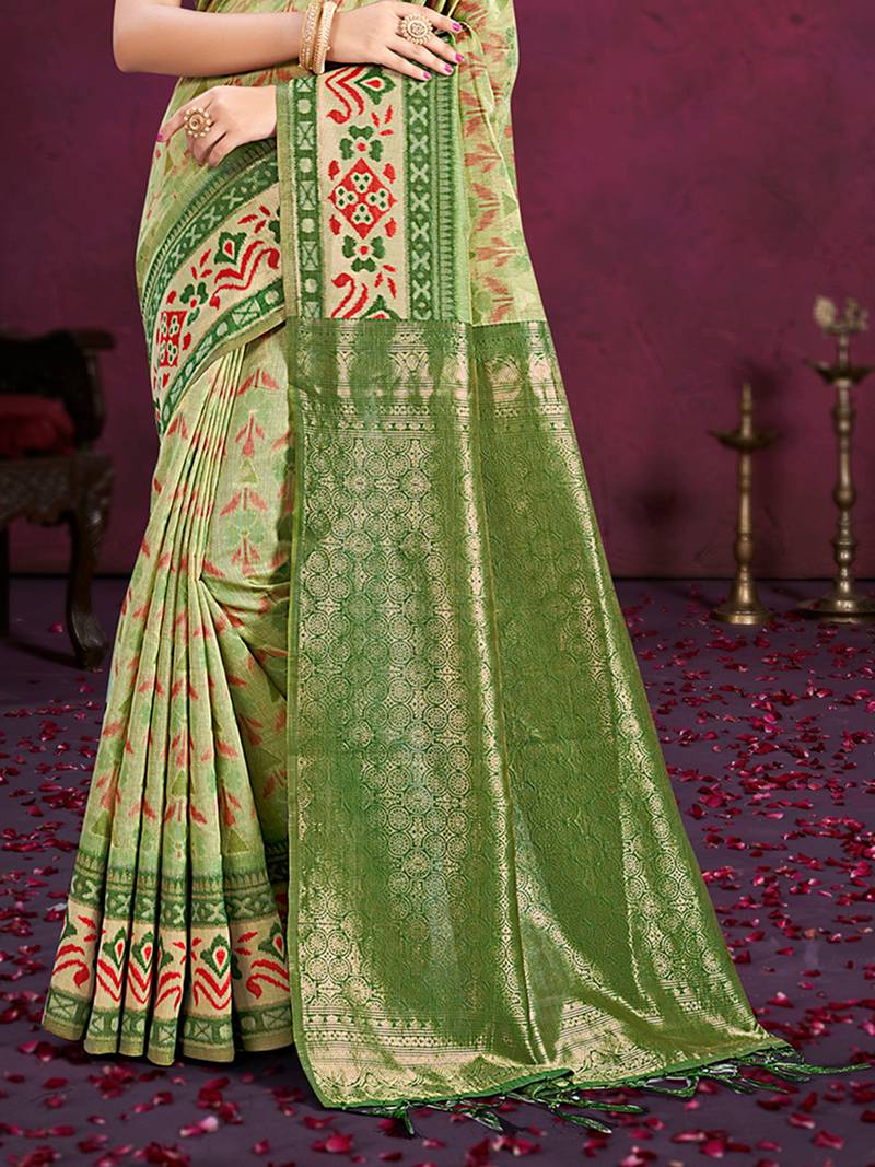 light green cottan silk blend with meena woven work traditional saree