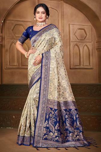 off-white silk blend woven work traditional saree