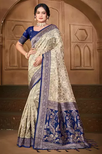 off-white silk blend woven work traditional saree