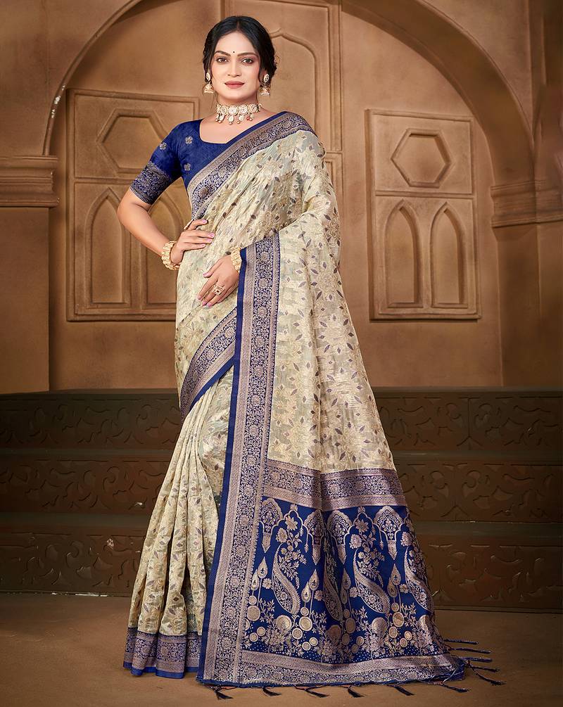 off-white silk blend woven work traditional saree