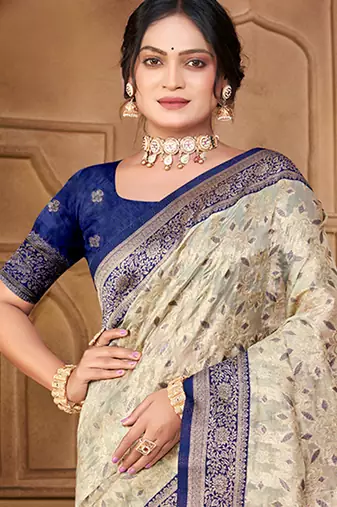 off-white silk blend woven work traditional saree