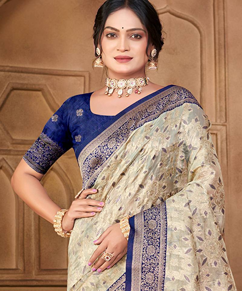 off-white silk blend woven work traditional saree