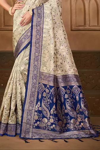 off-white silk blend woven work traditional saree