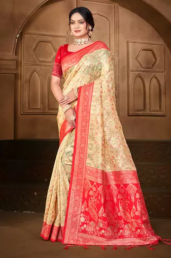 cream silk blend woven work traditional saree