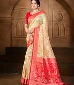 cream silk blend woven work traditional saree