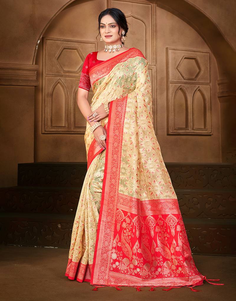 cream silk blend woven work traditional saree