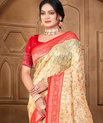 cream silk blend woven work traditional saree 2