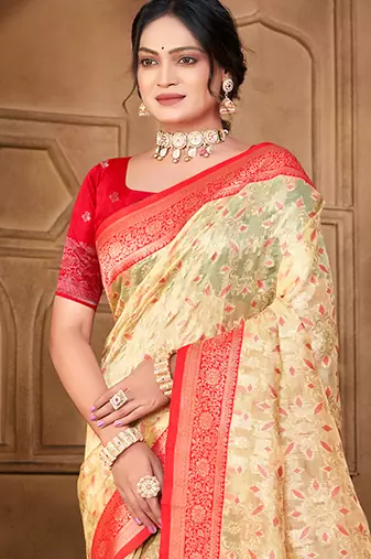 cream silk blend woven work traditional saree