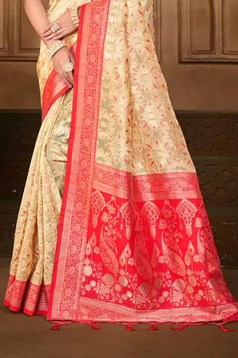 cream silk blend woven work traditional saree