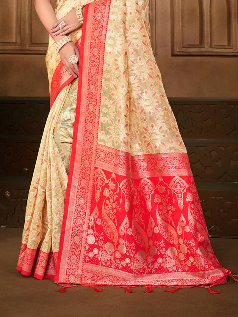 cream silk blend woven work traditional saree