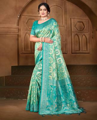 sangam prints   sea green silk blend woven work traditional saree 1